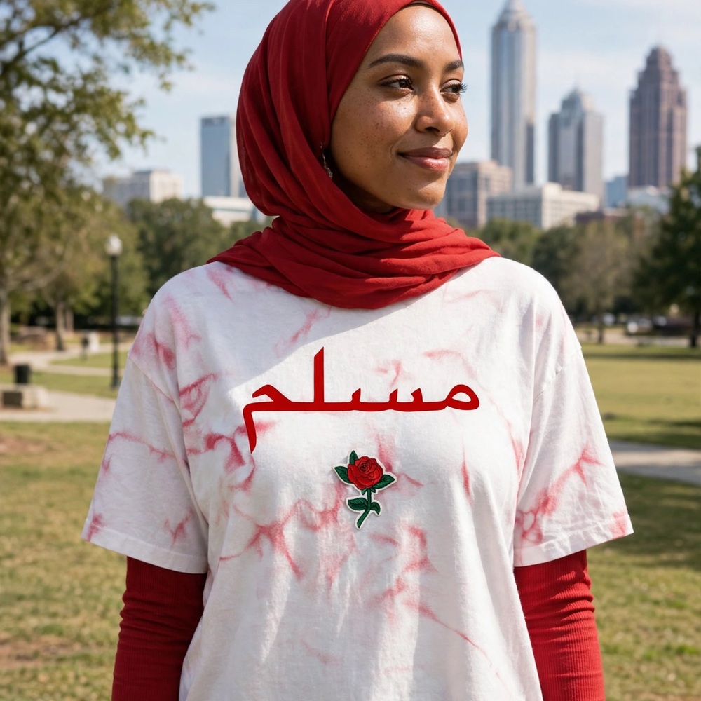 White & Red Tie-Dye Short Sleeve Tee with Rose Graphic